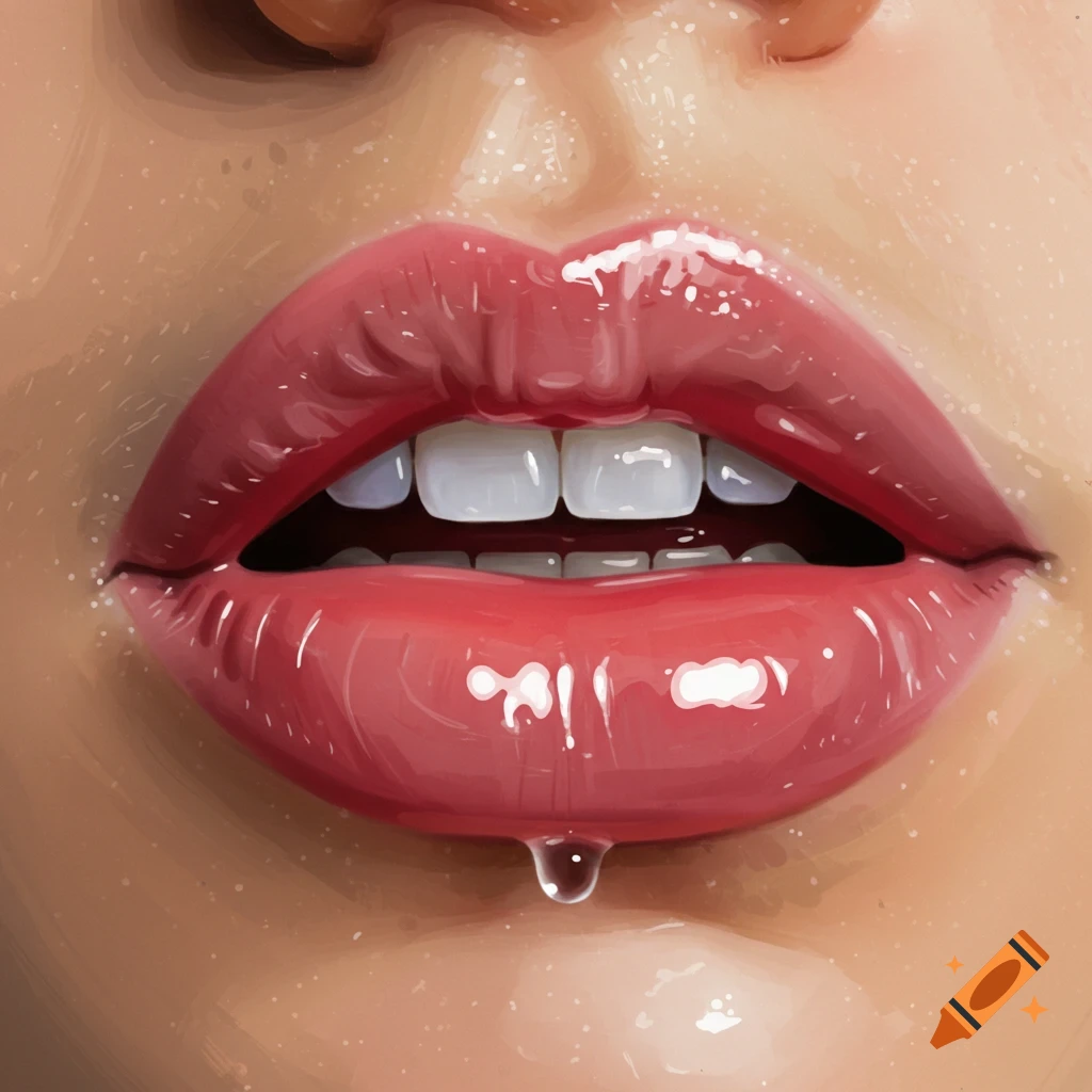 Close-up illustration of glossy pink lips with a water droplet.