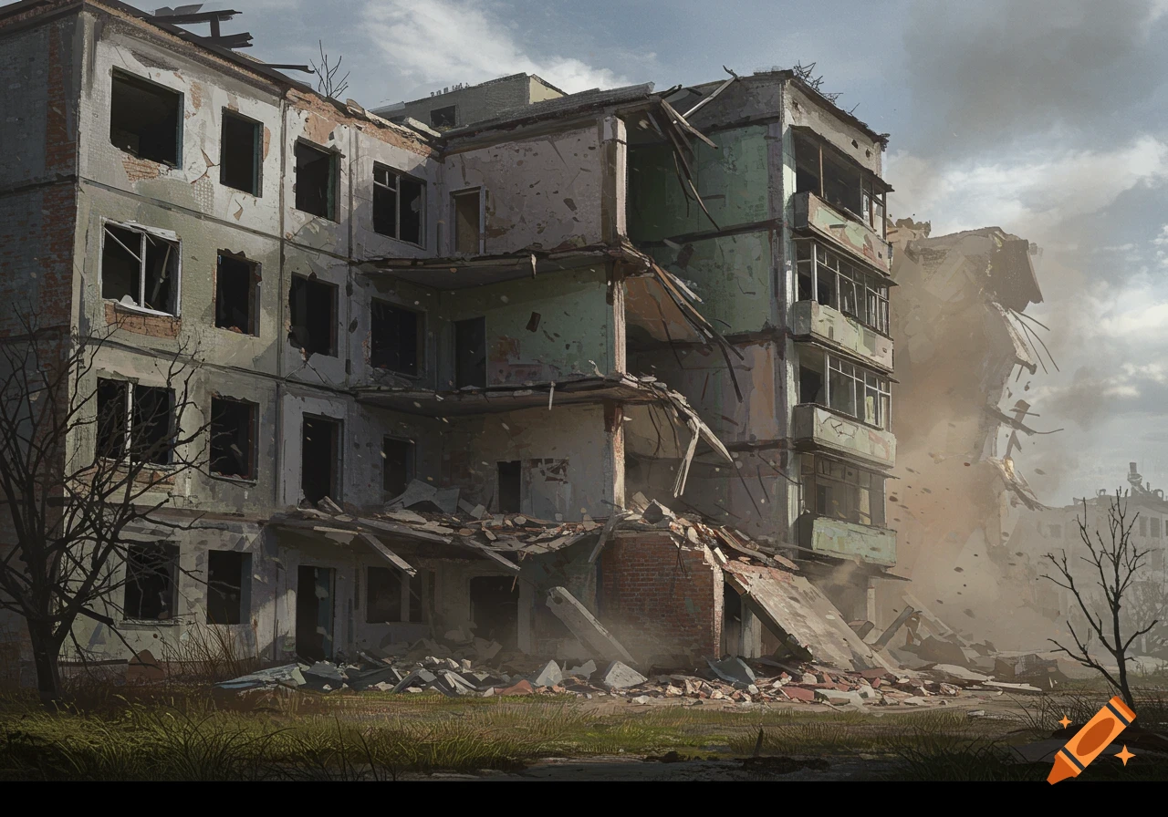 A multi-story apartment building heavily damaged by bombing, with rubble and debris scattered below.