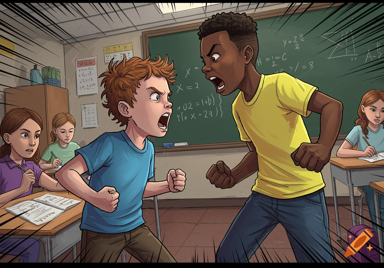 Comic illustration of two boys yelling at each other face-to-face in a classroom as other students watch.