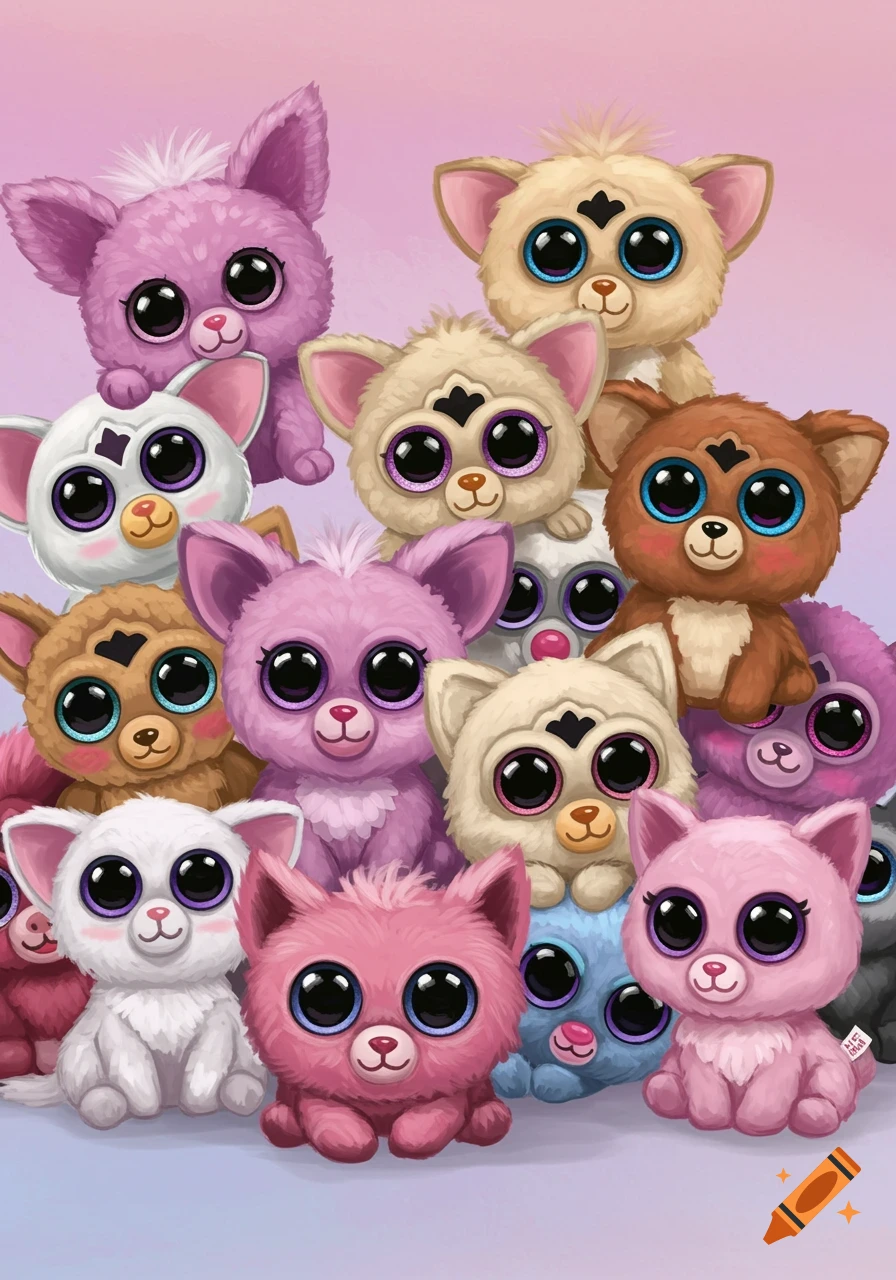 A pile of cute, big-eyed plush toys in various colors like pink, white, brown, beige, and blue.