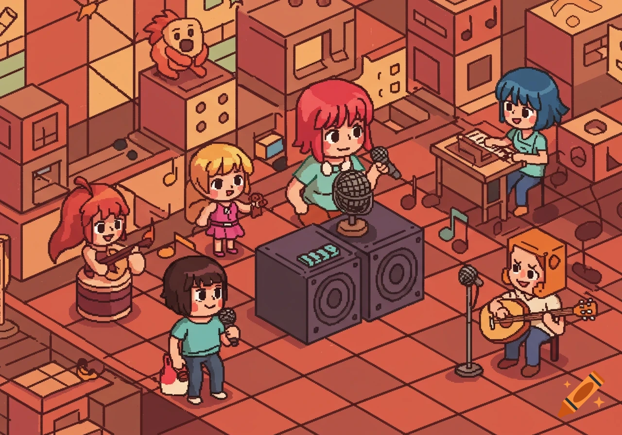 2D pixel art illustration of a band playing music with cartoon characters and instruments