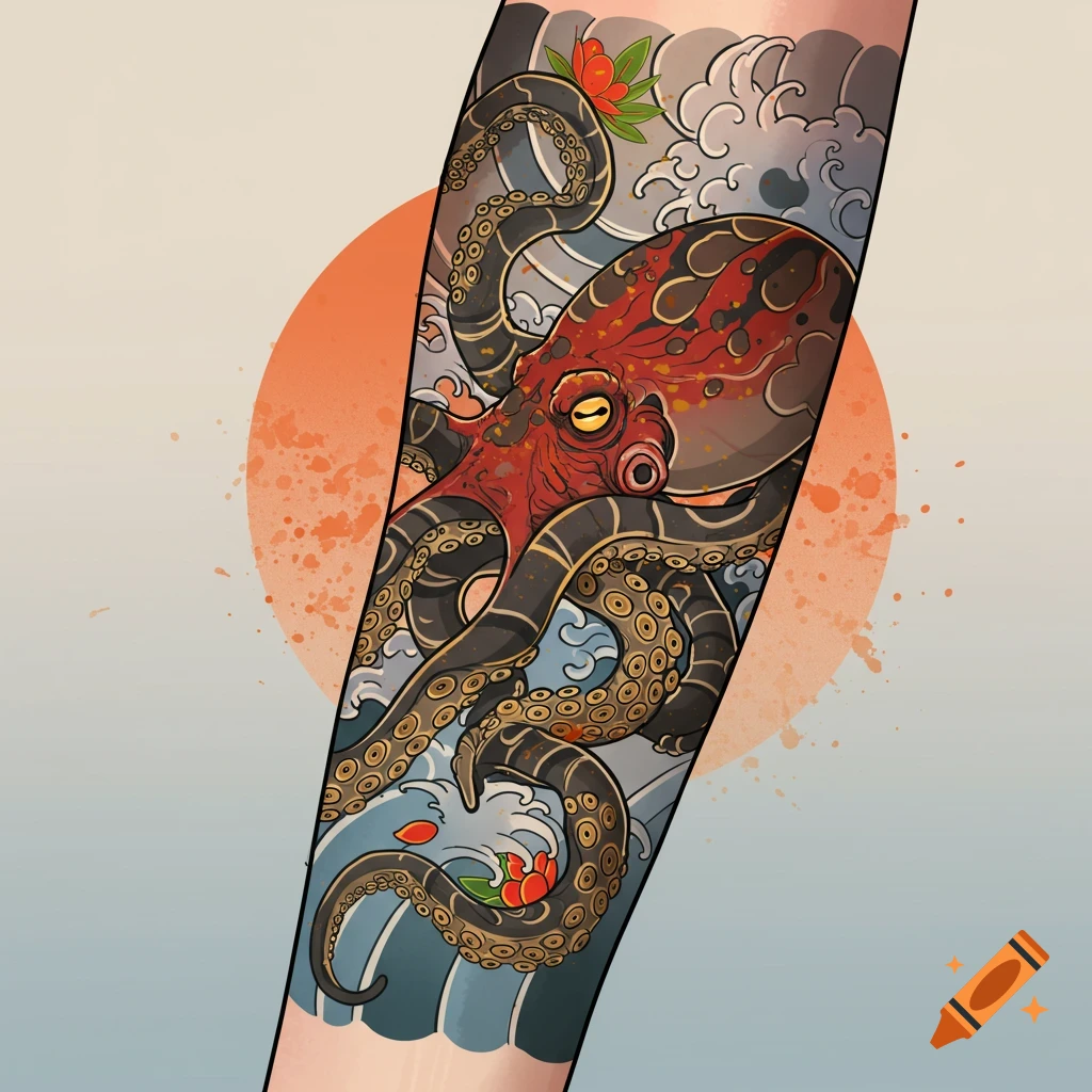 Japanese style tattoo of a red octopus with swirling tentacles and waves on an arm, with an orange sun in the background.