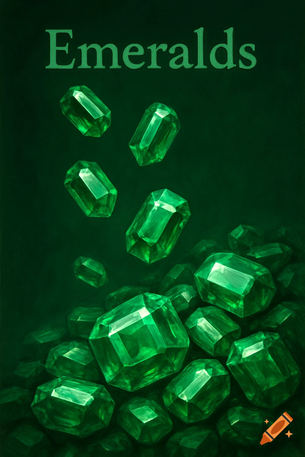 Green emeralds falling and piled on a dark green background with the text 'Emeralds'.