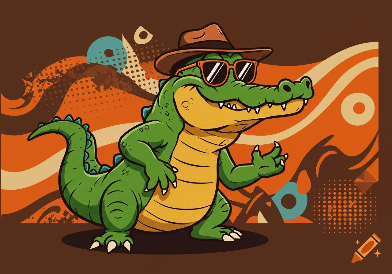 Cartoon alligator mascot wearing a hat and sunglasses against a vintage-style background.