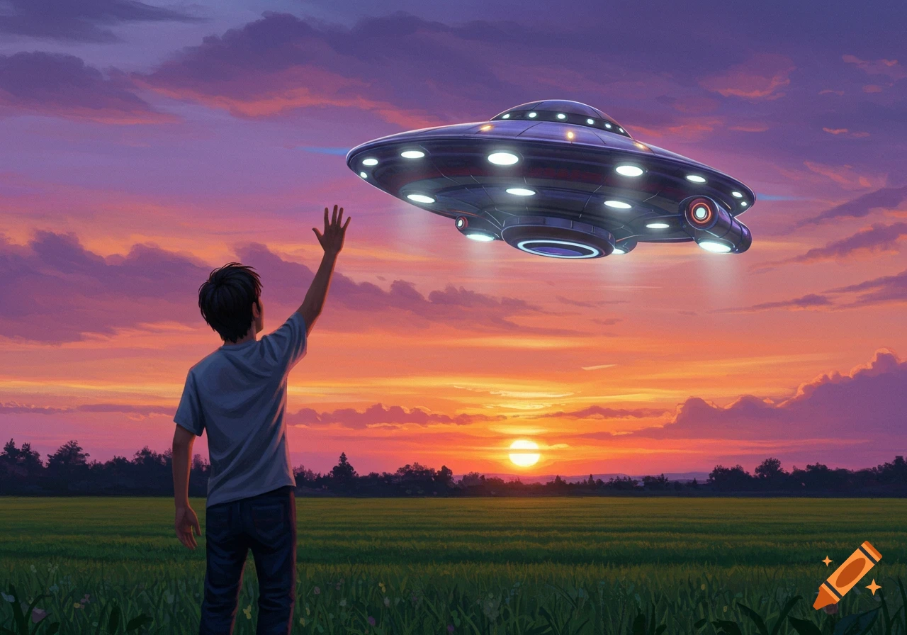 A young person waving up at a flying saucer hovering over a field during a vibrant sunset.