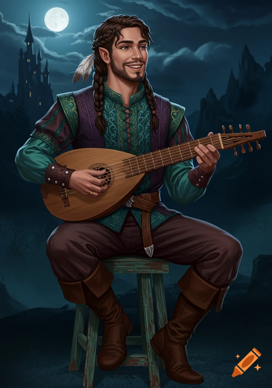 A man with braided hair and elf ears plays a lute in front of a castle under a full moon.