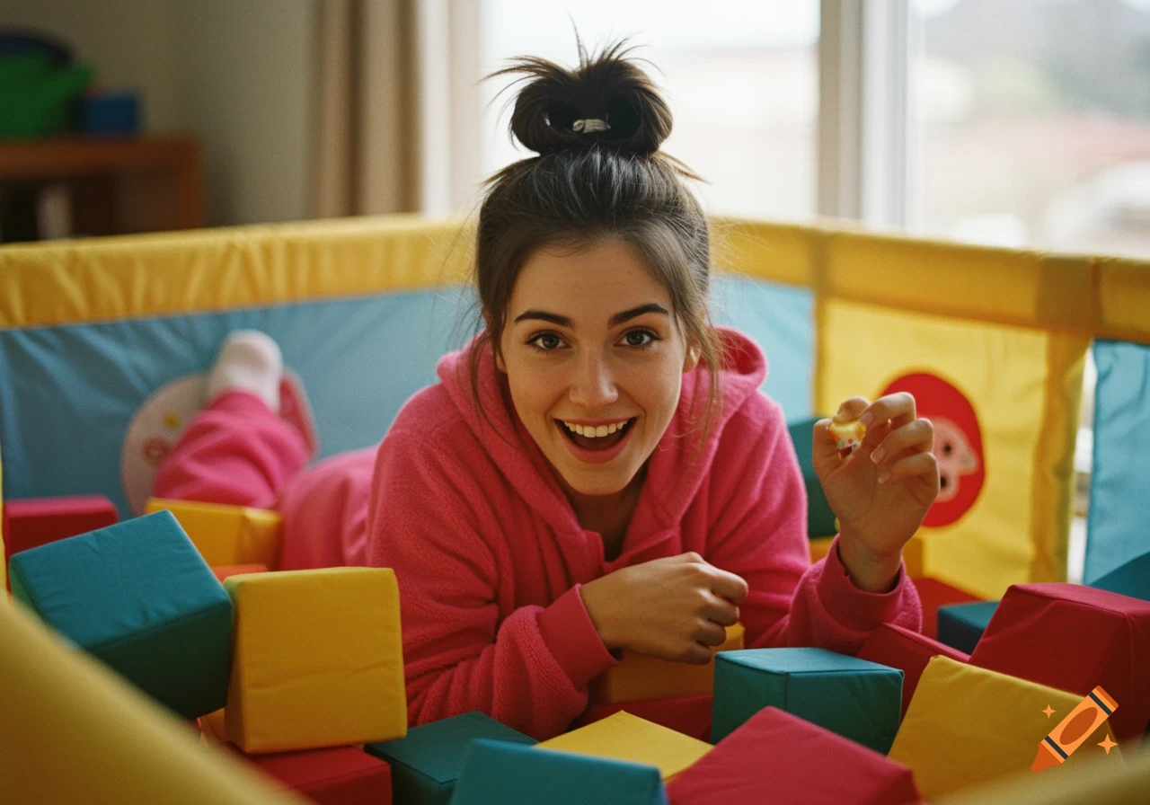 Young woman in pink loungewear lying in a playpen with colorful blocks, smiling.