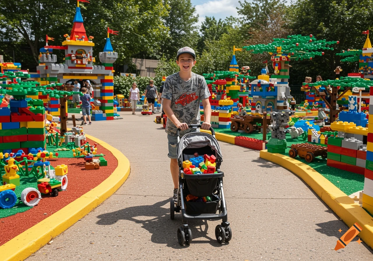 A boy pushes a stroller filled with blocks through a Legoland park with Lego structures.