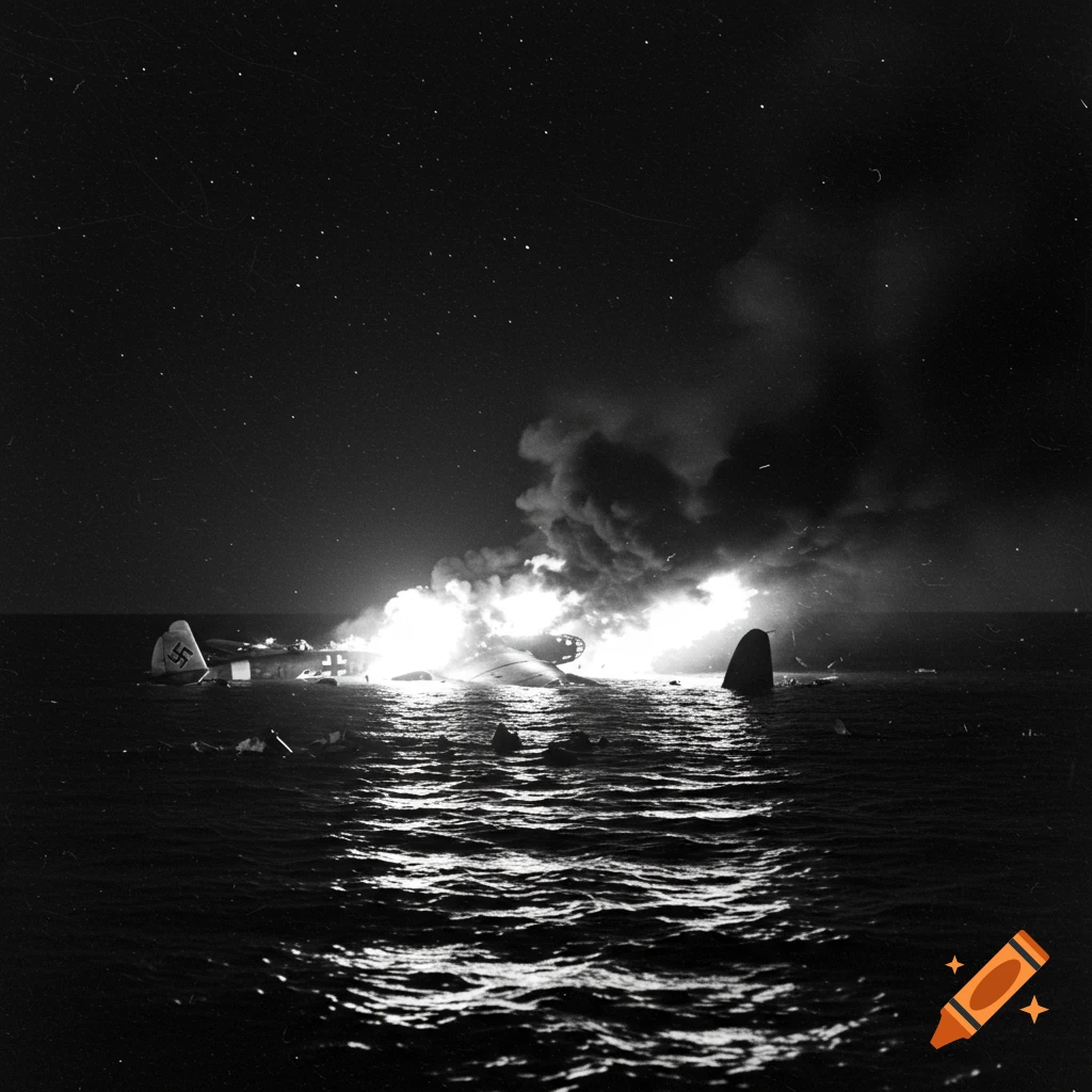 Black and white photo of a crashed German bomber on fire in the water at night
