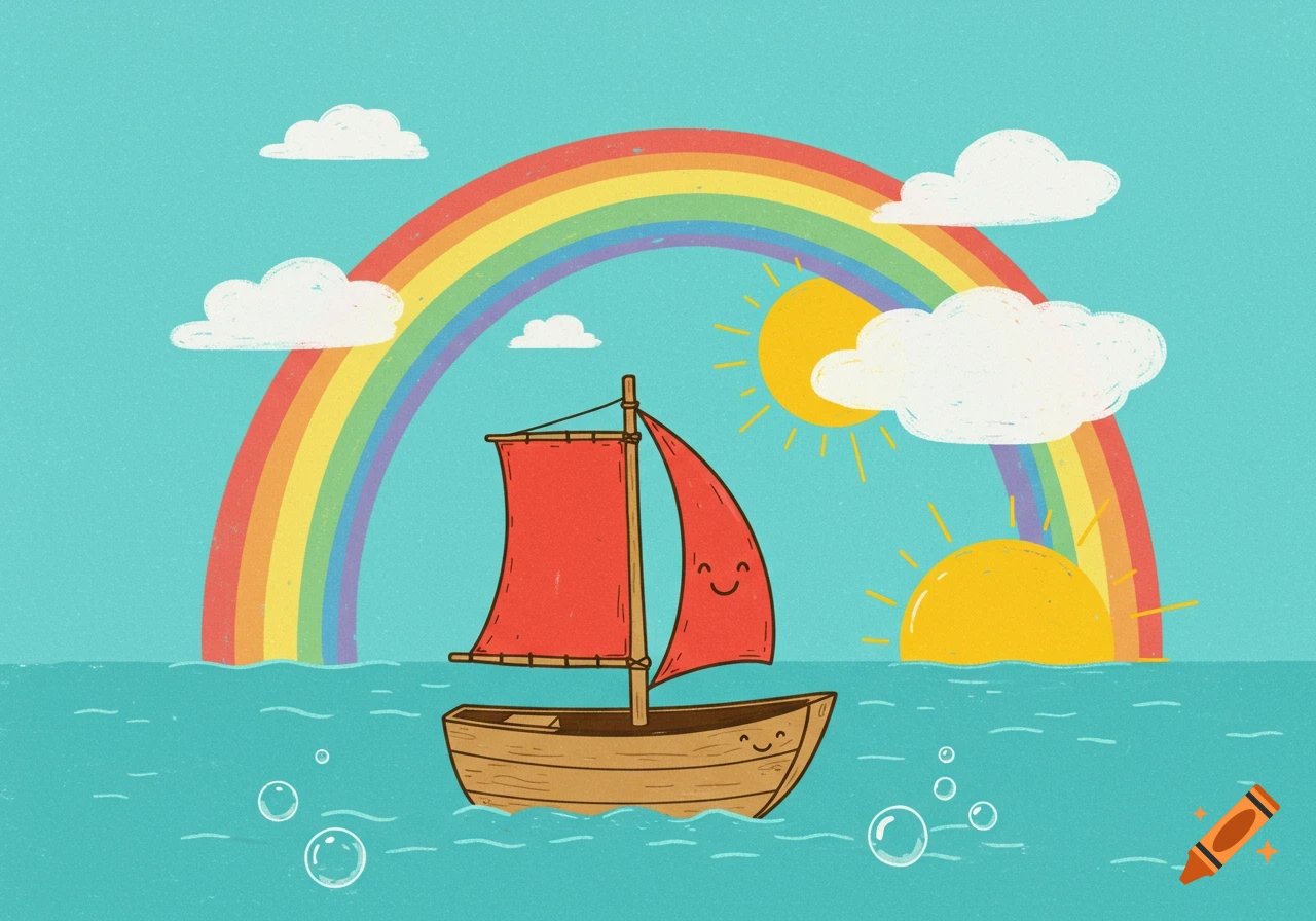 A smiling cartoon boat floats on the sea under a large rainbow, sun, and clouds.