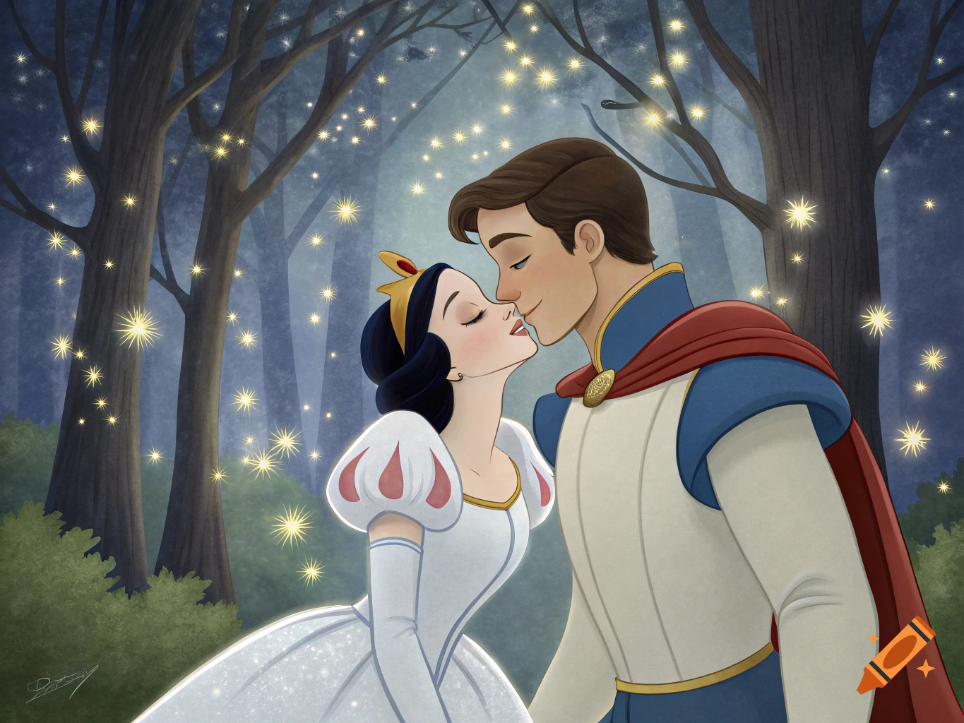 Snow White and Prince Charming kiss in a magical forest under a sky full of sparkling lights.