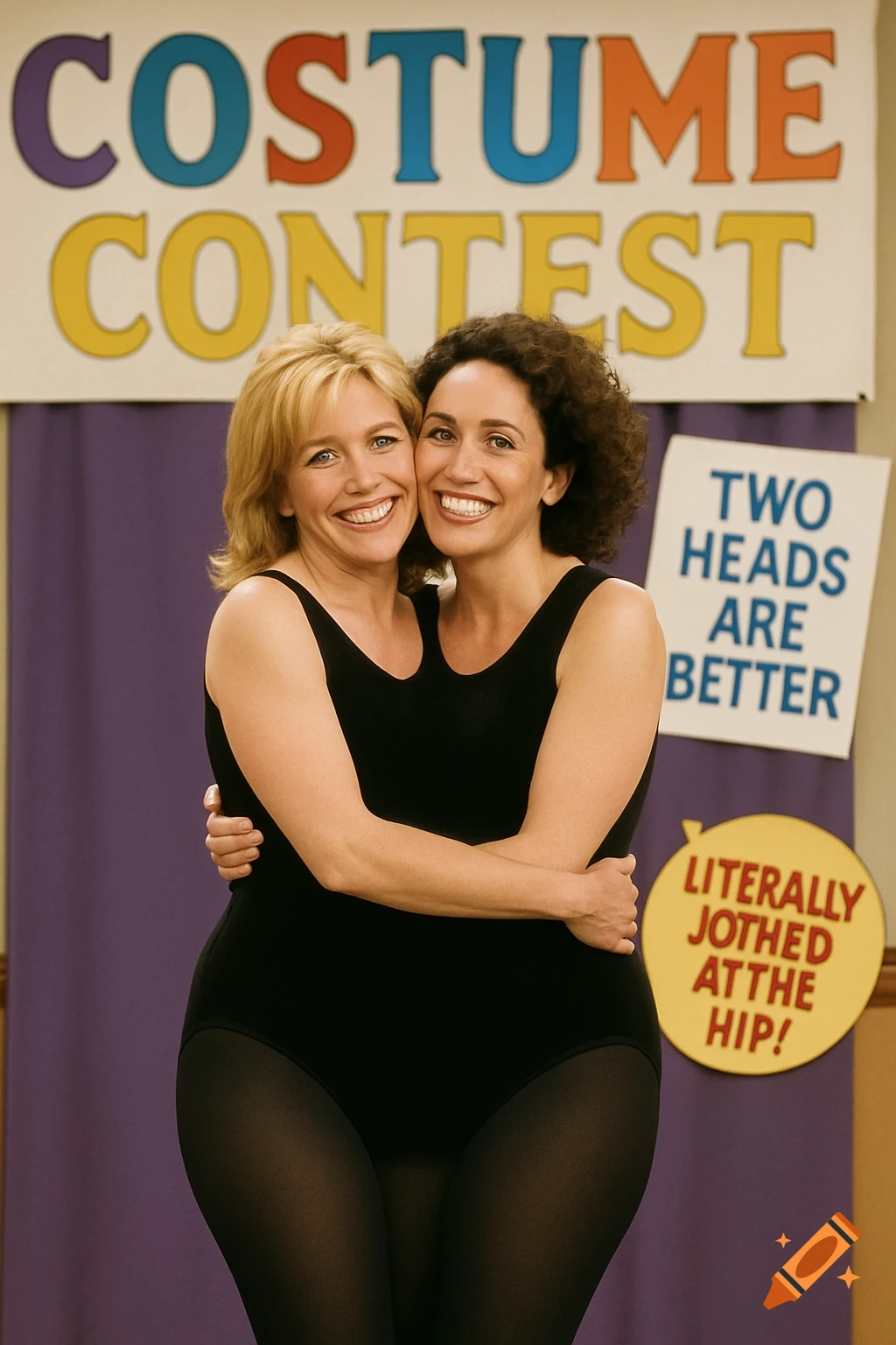 Two women in a two-headed costume at a contest with signs saying "Costume Contest", "Two heads are better", and "Literally joined at the hip!"