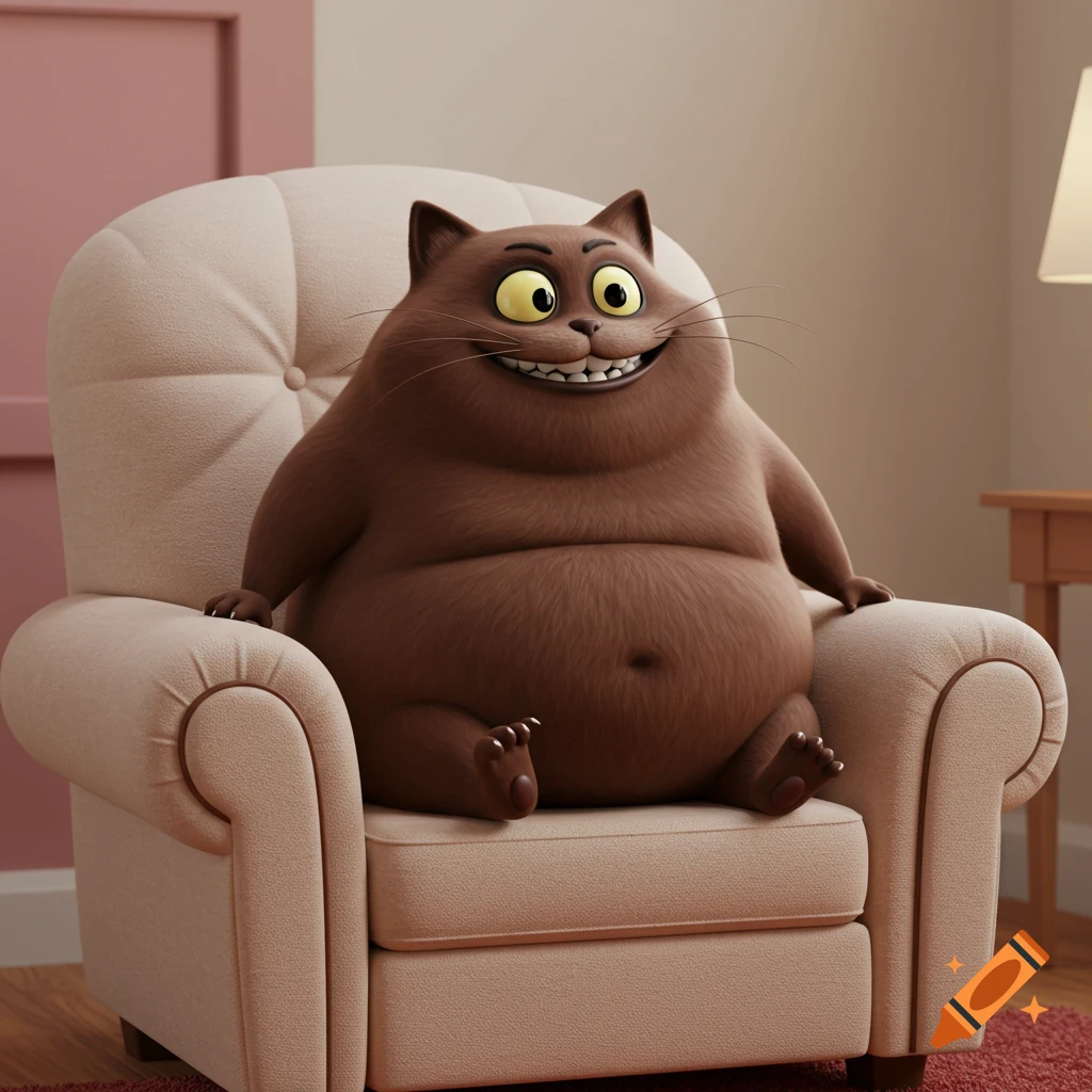 A cartoon brown fat cat sits on a beige armchair in a room.