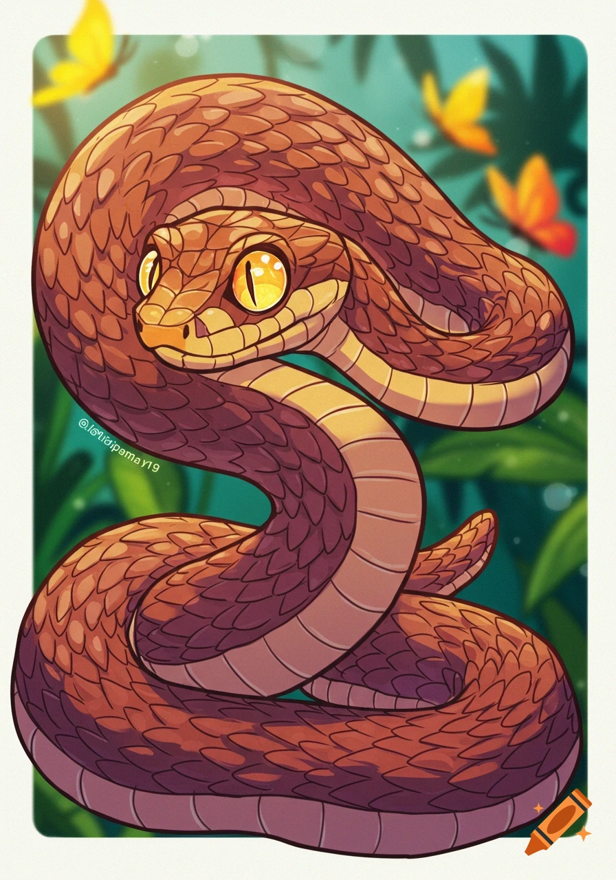 A cute cartoon bush viper snake with large yellow eyes is coiled in green jungle foliage with orange and yellow butterflies.