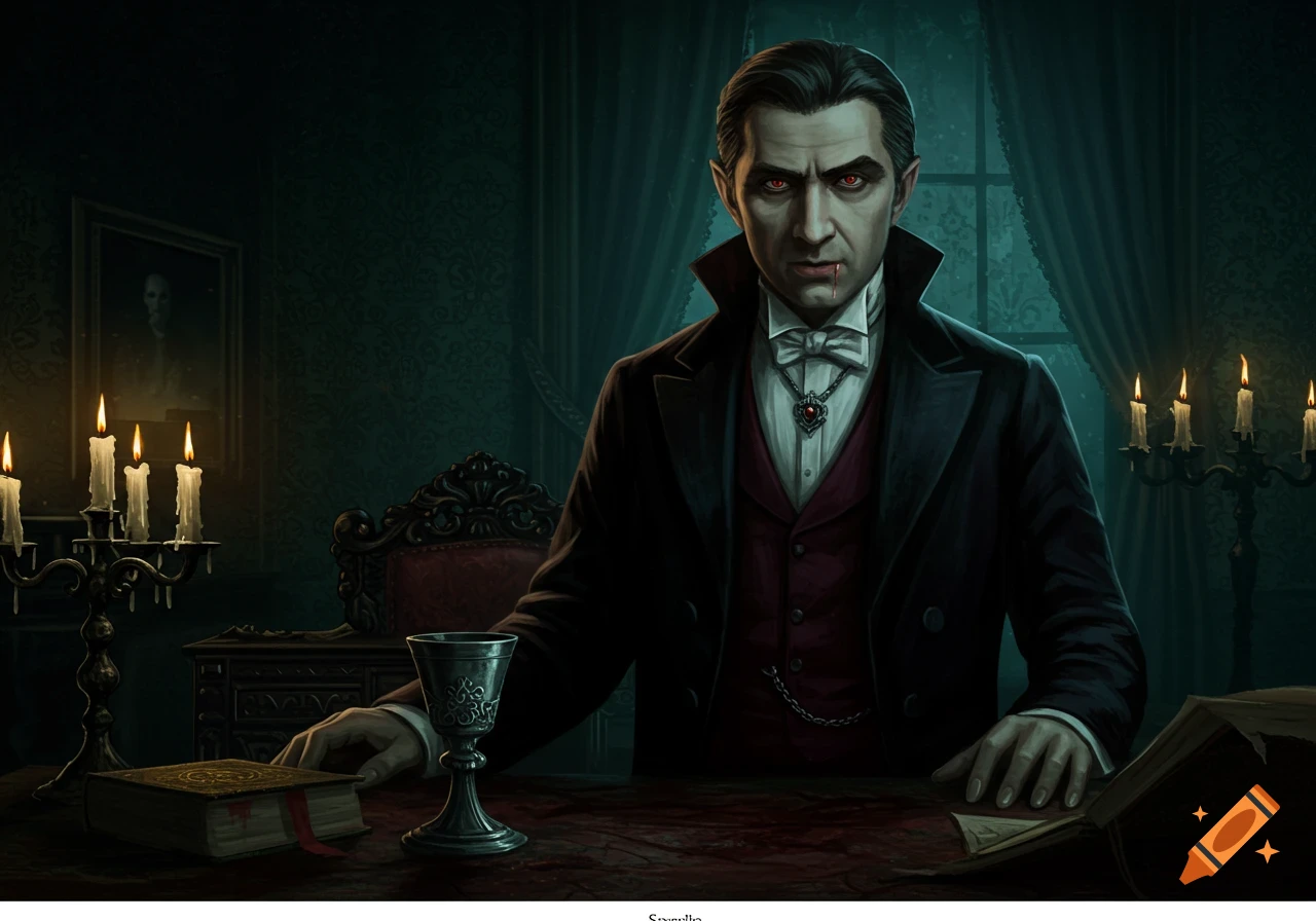An illustration of a vampire with red eyes and blood drops, sitting at a desk with books and candles in a dark room.