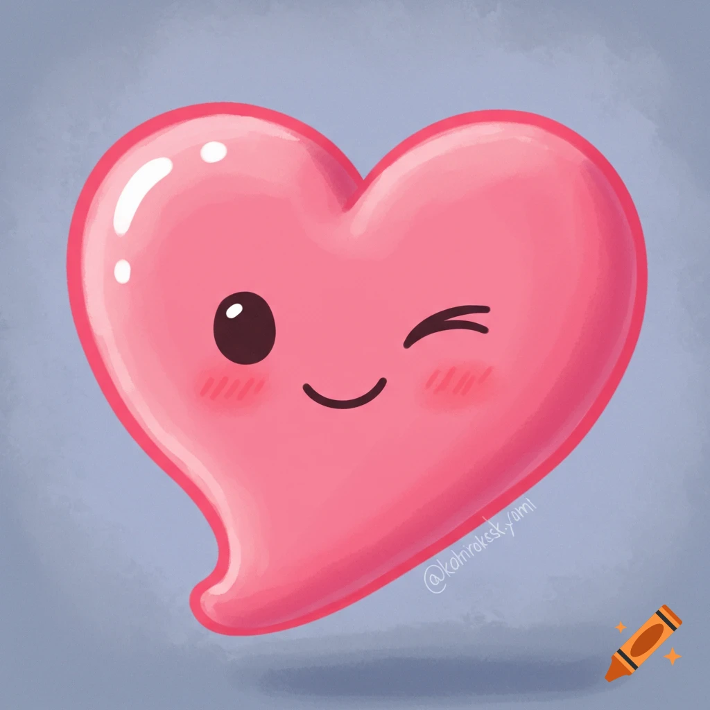 A cute light pink cartoon heart with rosy cheeks winks.