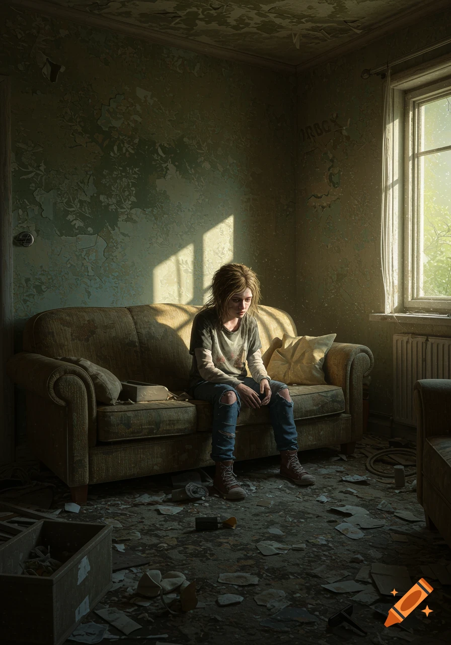 A sad teenager sits on a dirty couch in an abandoned room.