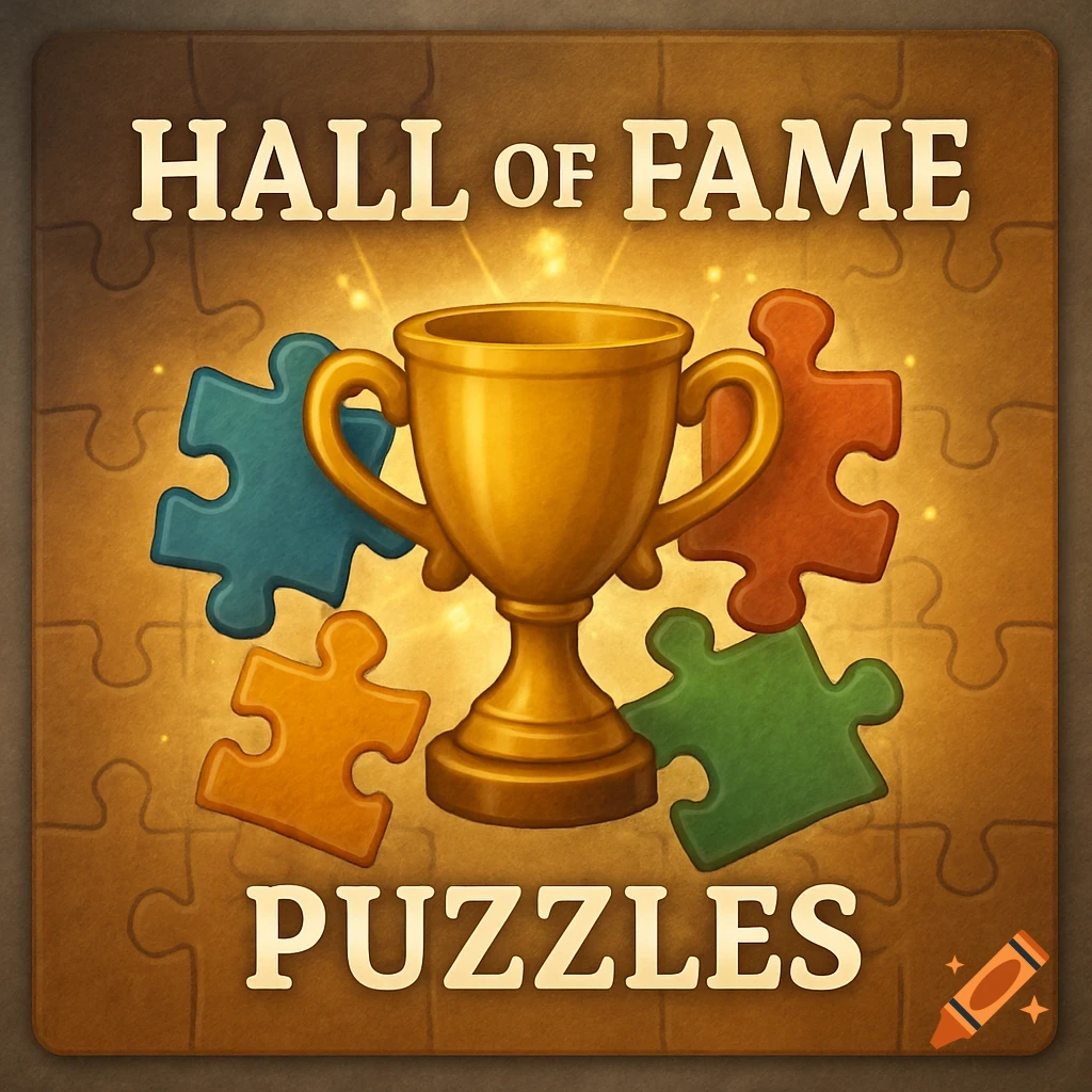 A gold trophy surrounded by colorful puzzle pieces on a brown background with a puzzle pattern, and the text 'HALL OF FAME PUZZLES'.