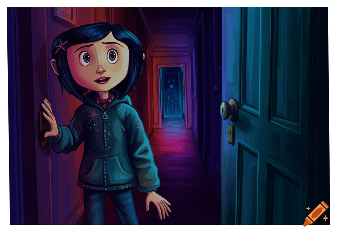 Illustration of Coraline Jones looking down a dark hallway with open doors.