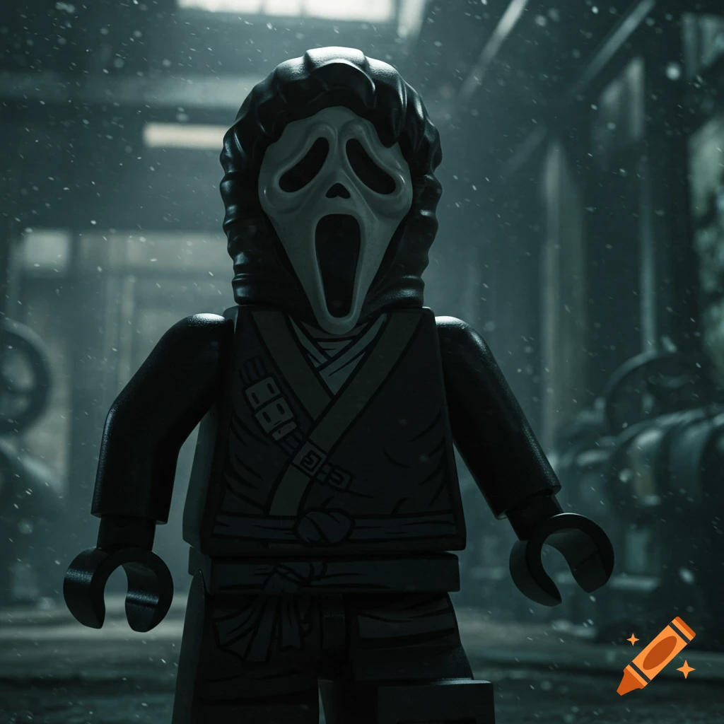 Lego figure wearing a Ghostface mask in a dark, snowy industrial setting.