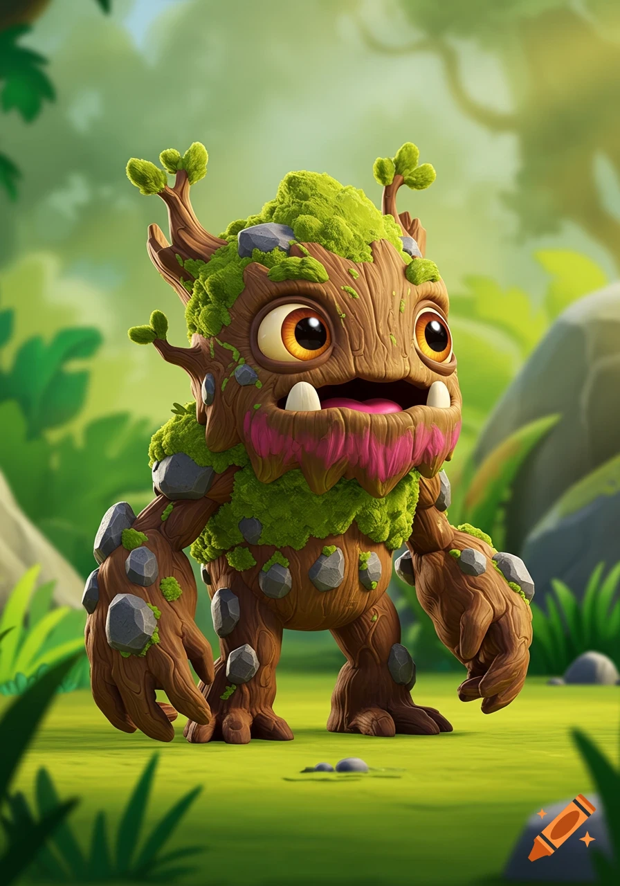 A cartoon creature made of wood, moss, and rocks stands in a jungle. It has large orange eyes and a wide mouth.