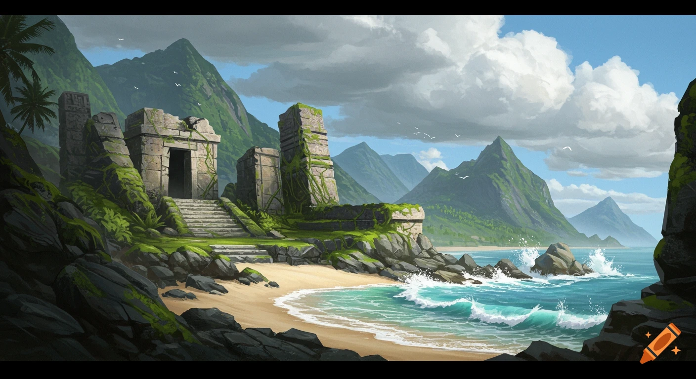 Ancient ruins on a tropical island beach with mountains and waves.