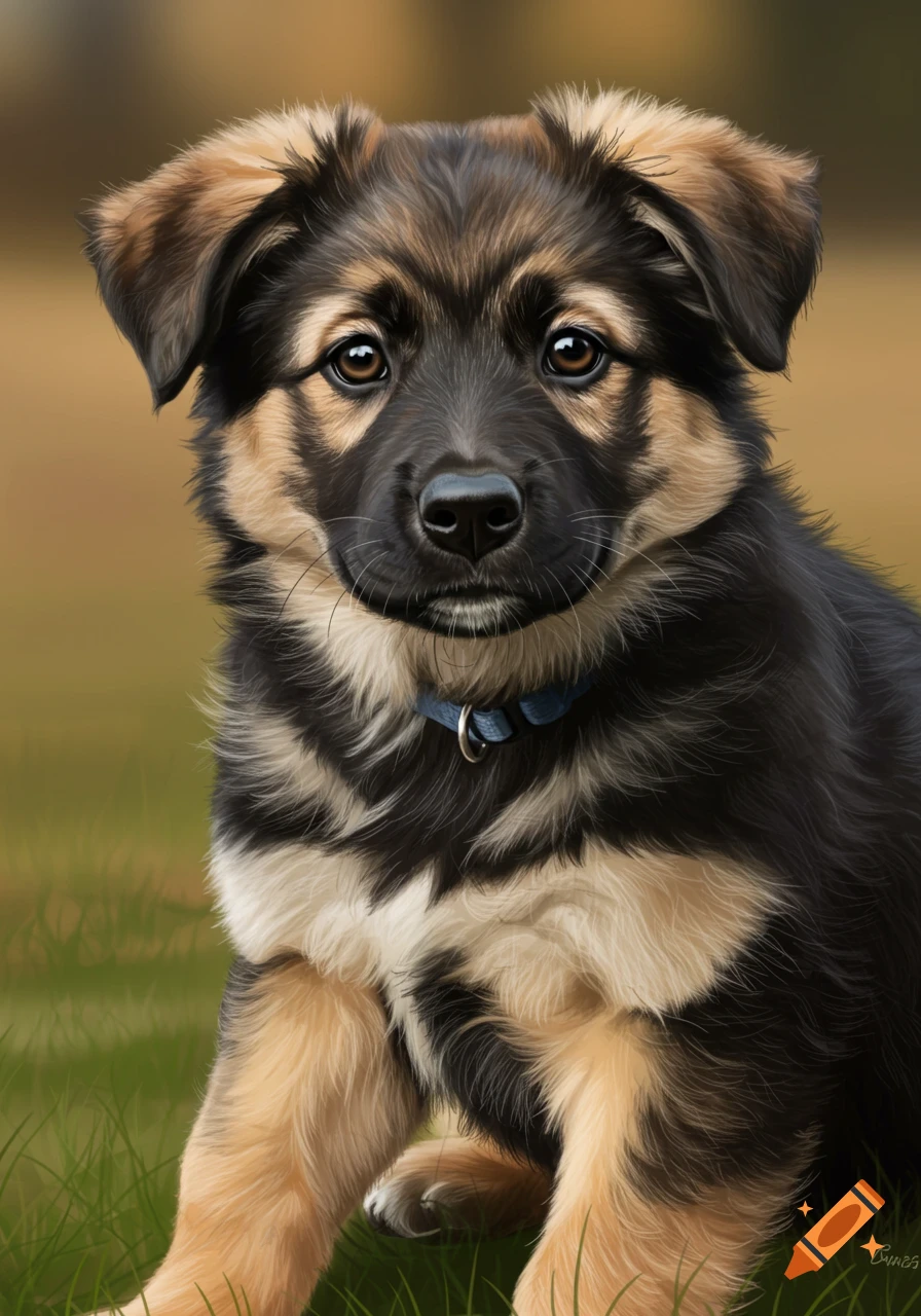 A cute puppy with a black and brown coat sits in the grass.