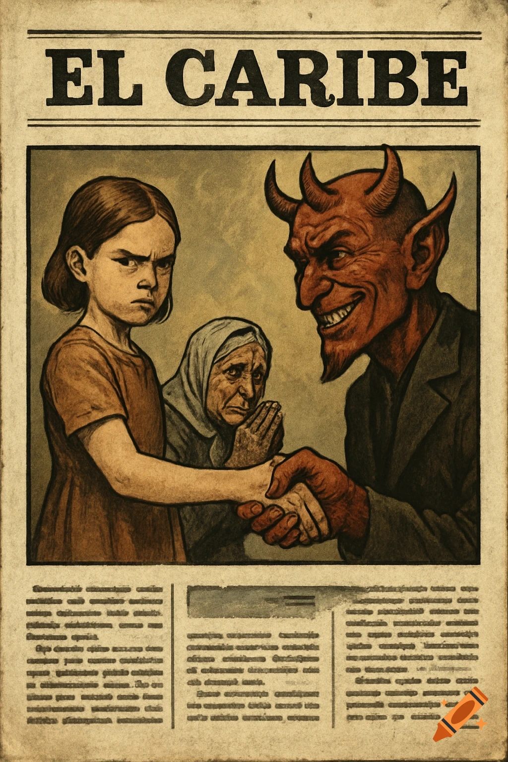 Graphic novel illustration of a newspaper front page titled EL CARIBE, showing a girl shaking hands with a devil, with an old woman praying.