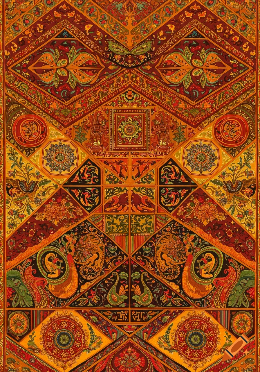 Richly colored Desi cultural pattern with geometric shapes, birds, and floral motifs.