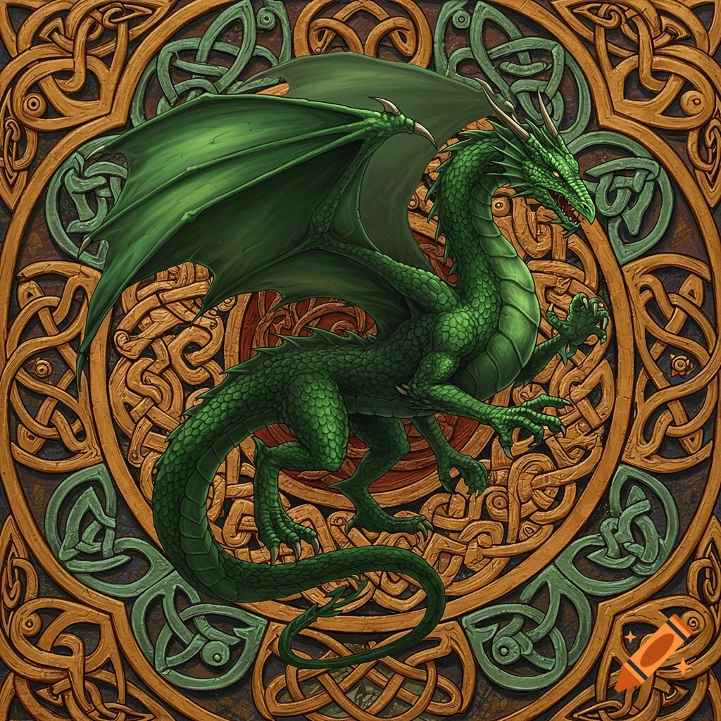Green dragon over circular Celtic knot pattern