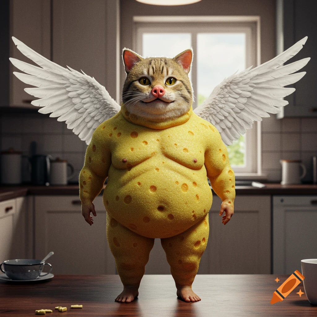 A fantasy creature with a cat's head, a yellow sponge-textured obese body, baby-like legs, bare feet, and white wings stands on a kitchen table.