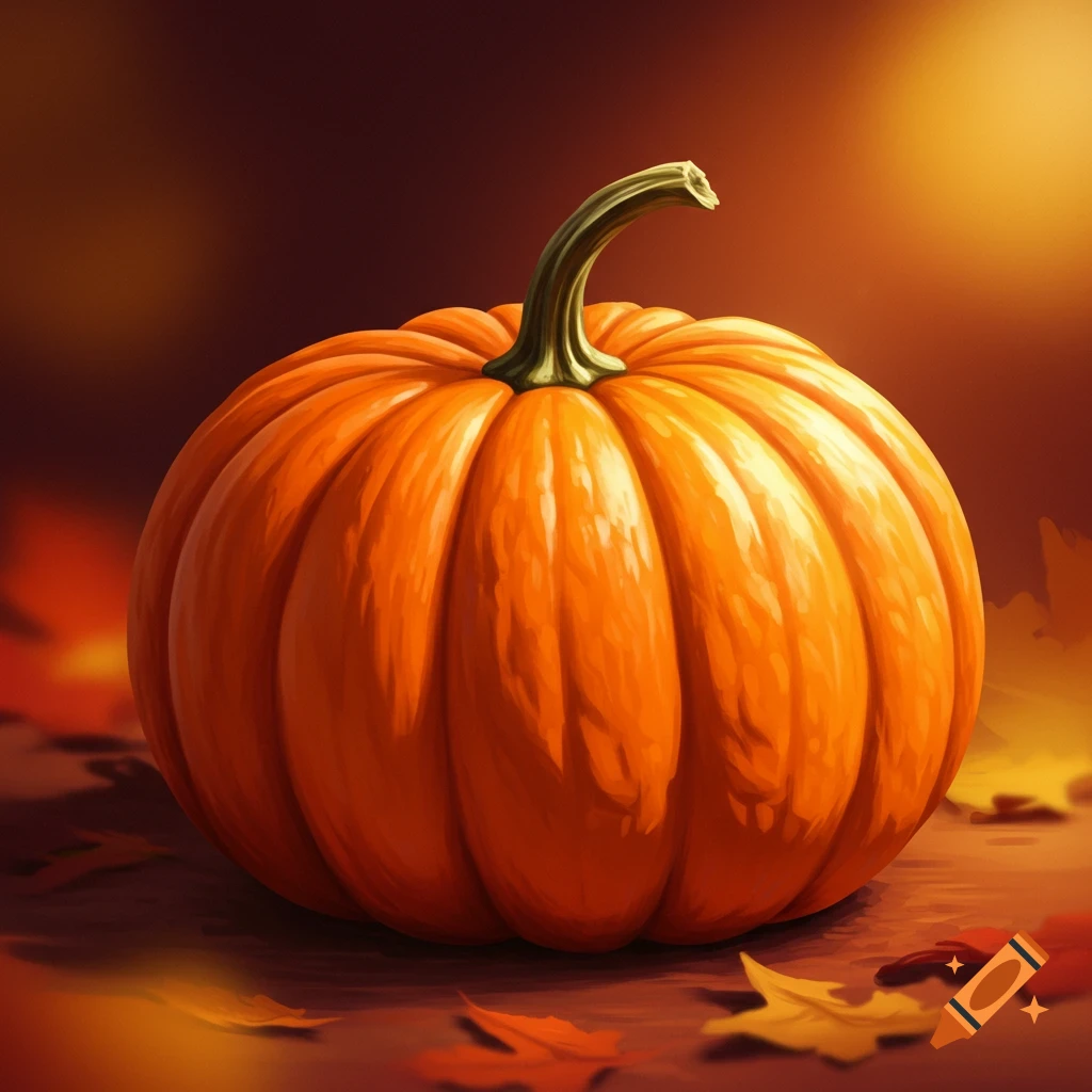 A detailed, realistic pumpkin sits on the ground surrounded by autumn leaves.