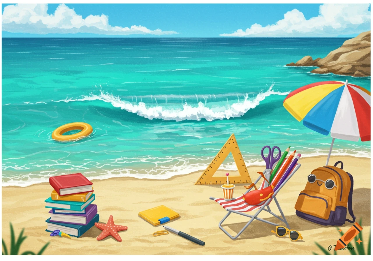 Cartoon illustration of school supplies relaxing on a beach