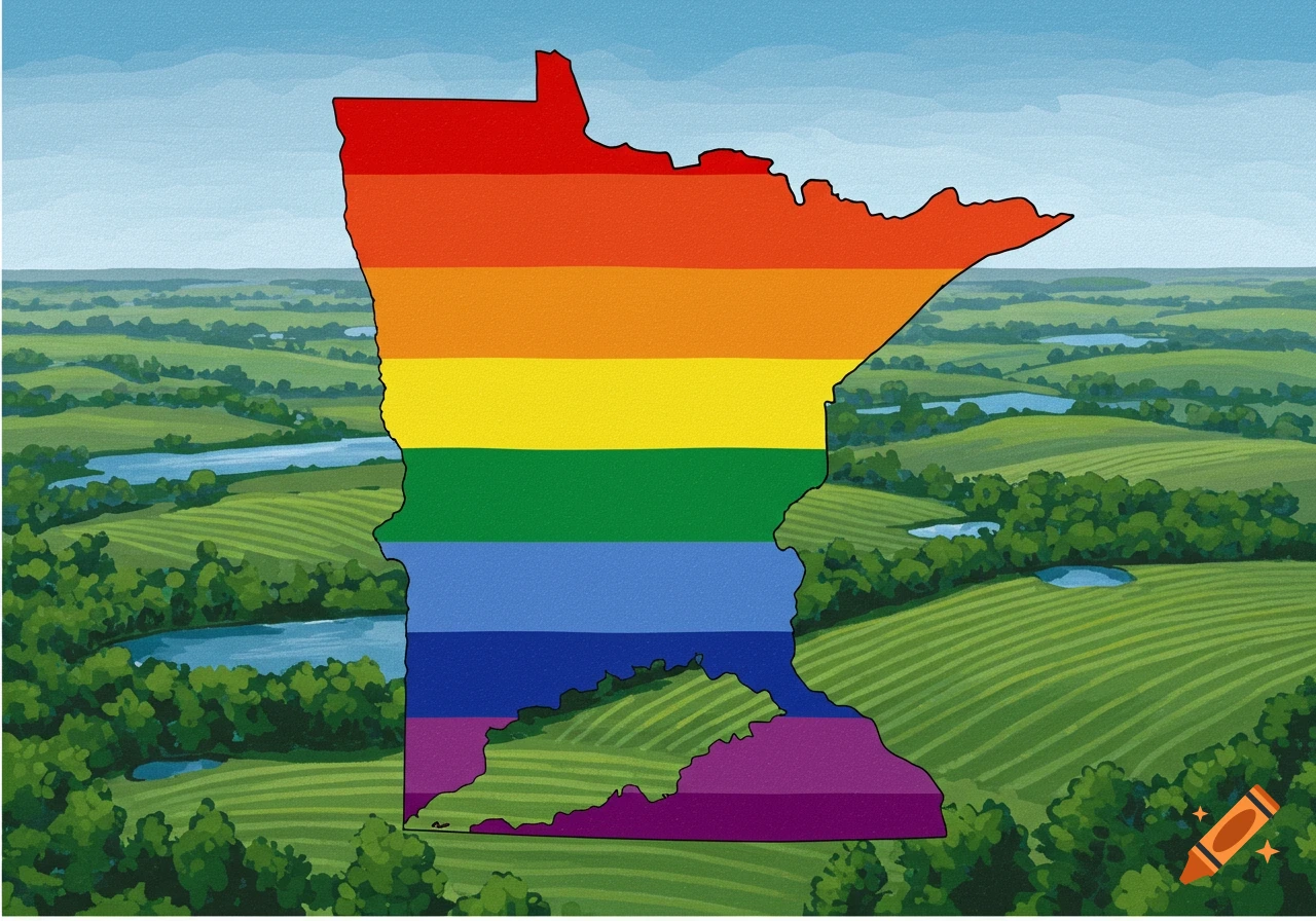 Illustration of the state of Minnesota shape filled with a pride flag over a green landscape.