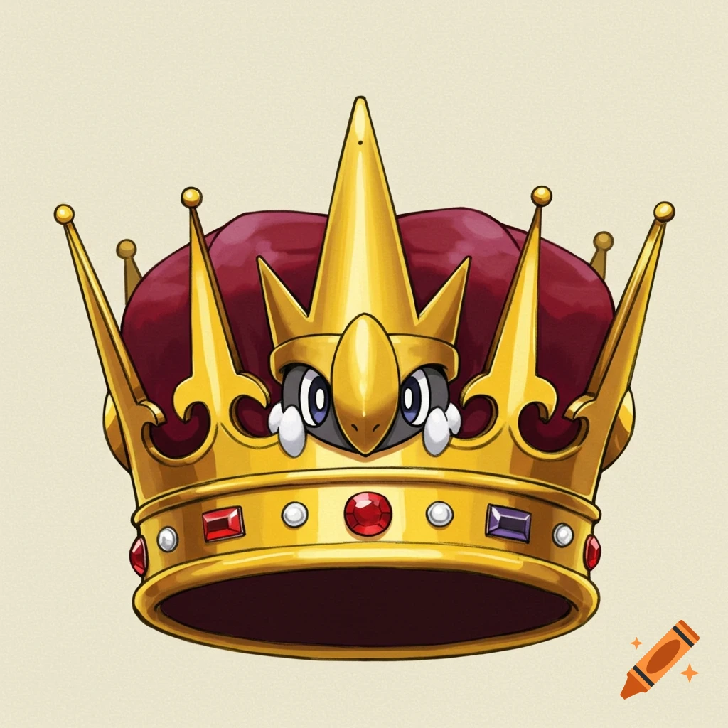 A golden crown lined with red velvet has a small cartoon face resembling a Pokemon character in its center.