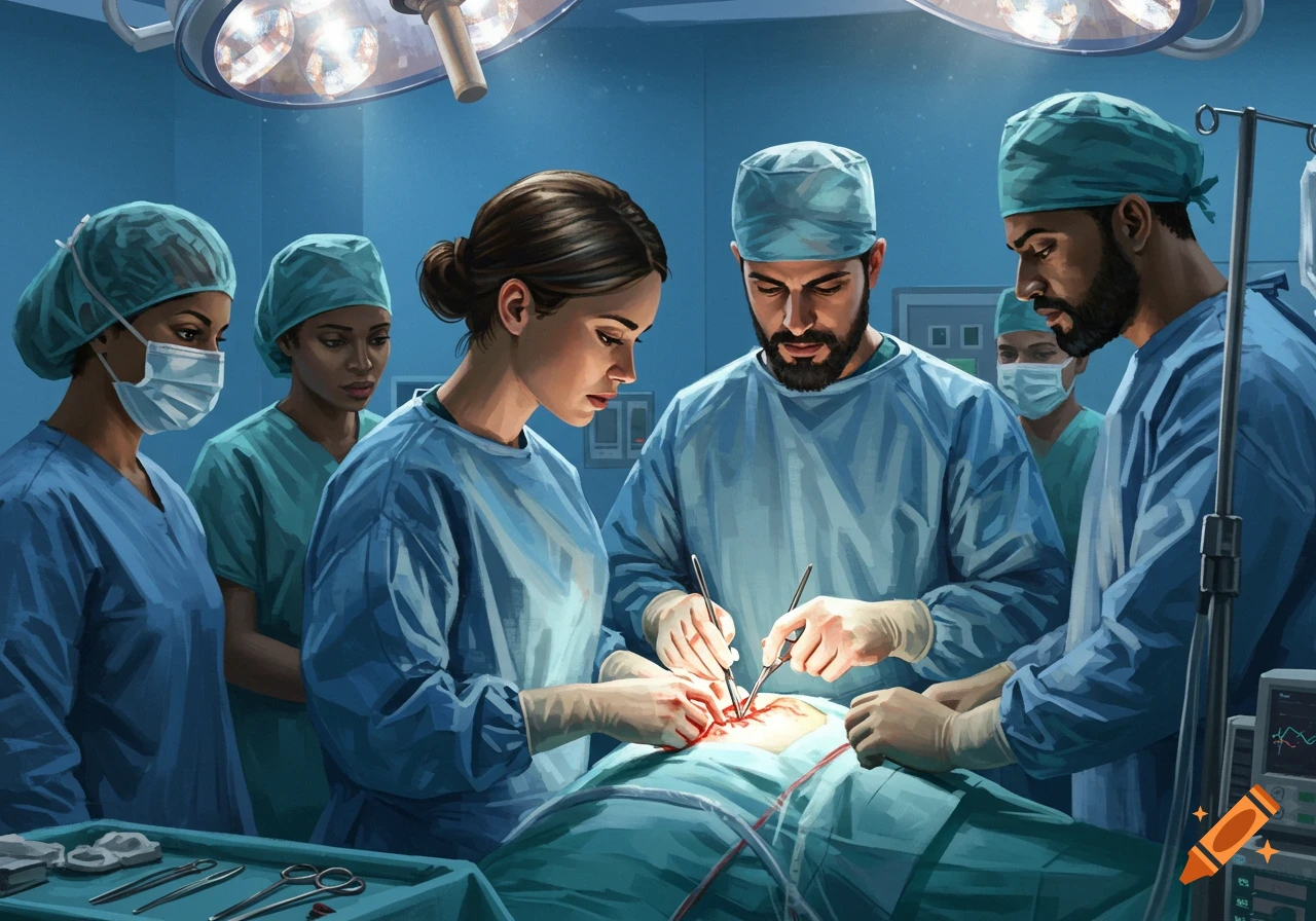 Illustrative depiction of several doctors performing surgery in an operating room.