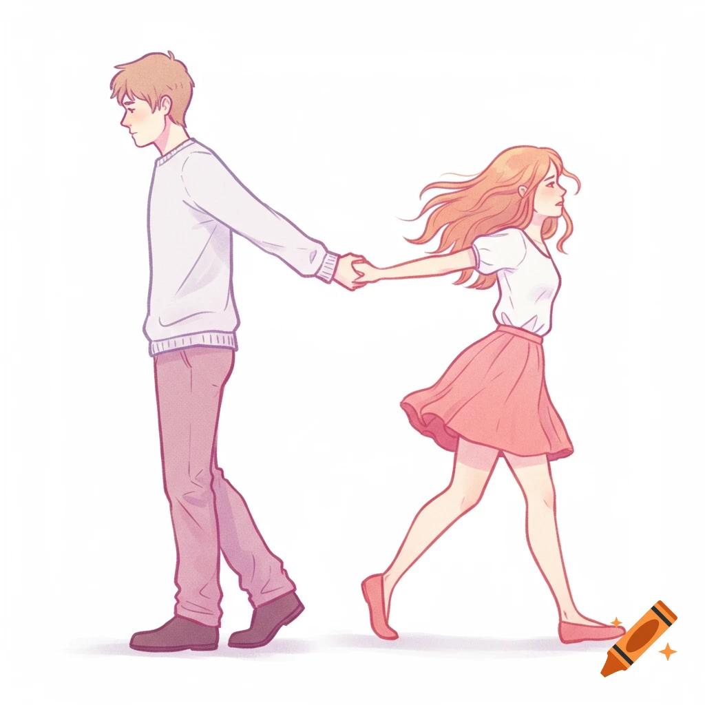 Line art illustration of a man and woman holding hands and pulling away from each other.