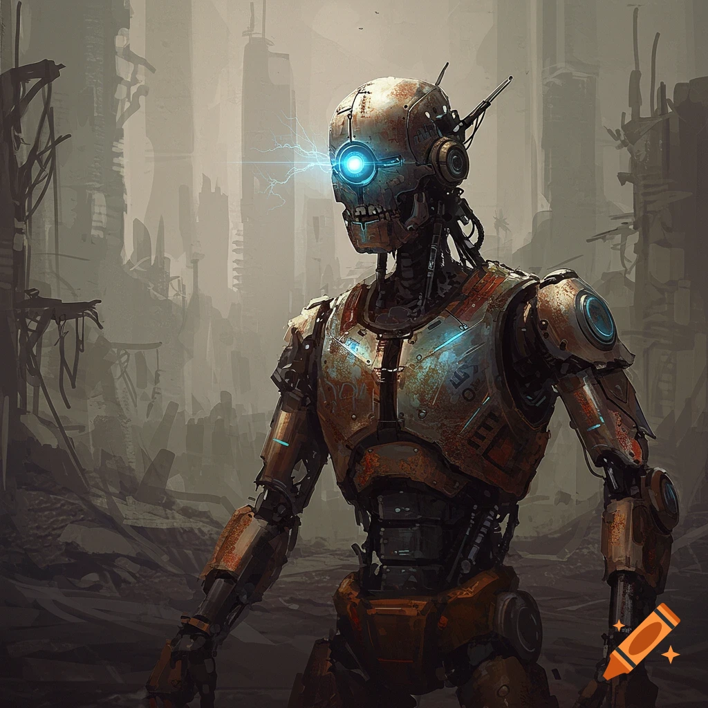Rusty robot with glowing blue eye stands in ruined city, sci-fi art