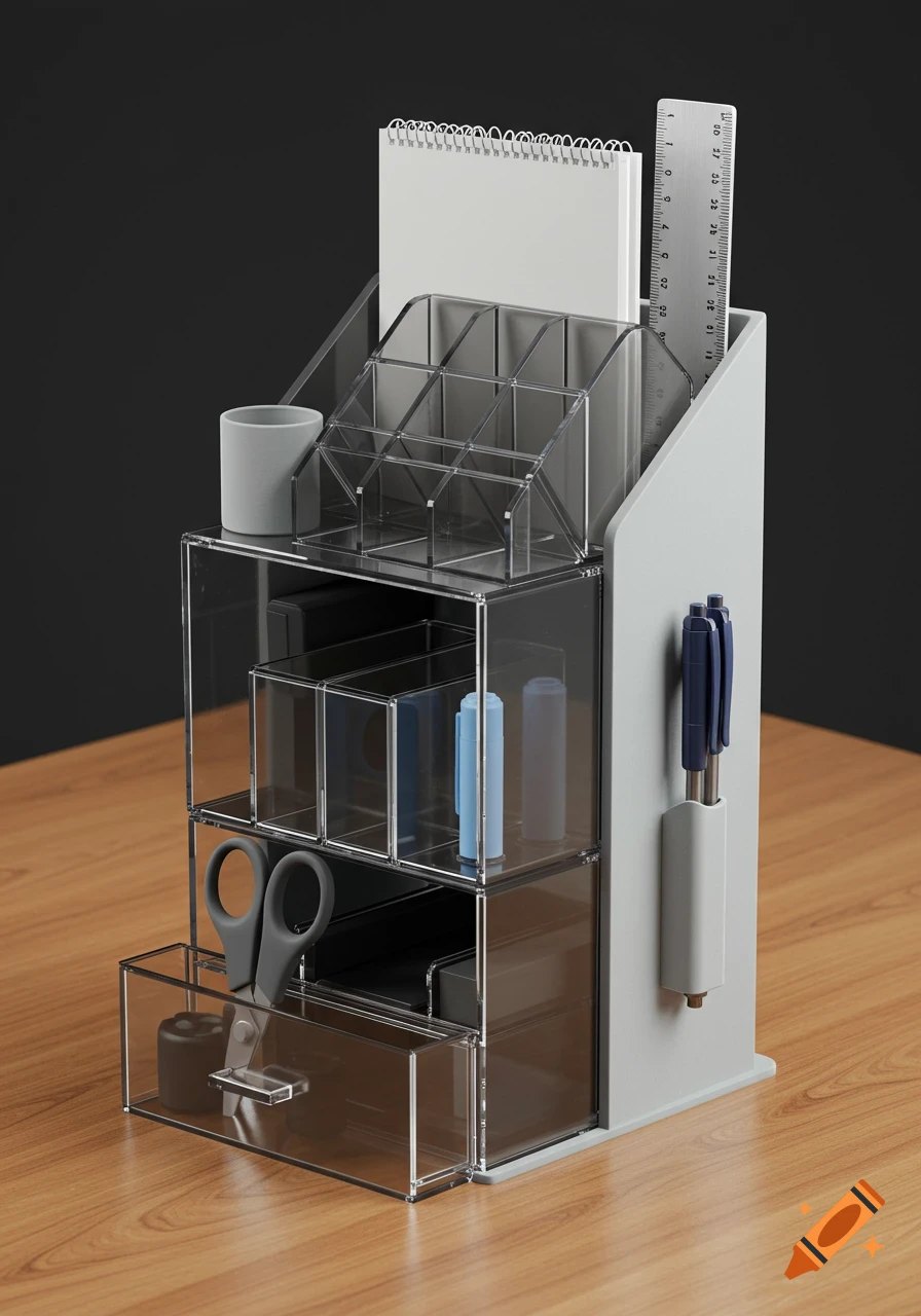 Desktop organizer with clear compartments holding office supplies.