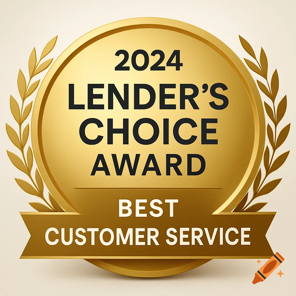 A golden award badge reads "2024 Lender's Choice Award Best Customer Service".