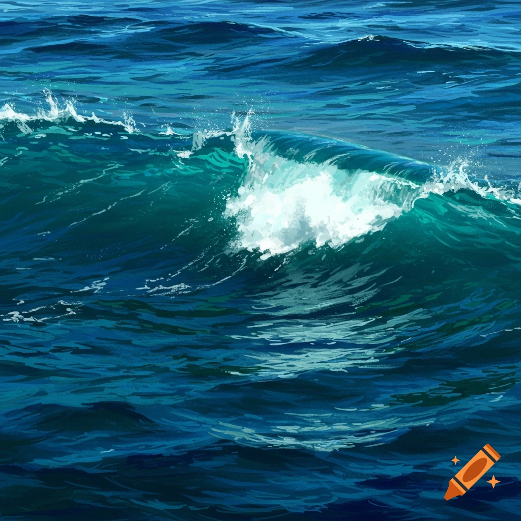 A large wave breaks in a deep blue ocean, rendered in a painterly style.