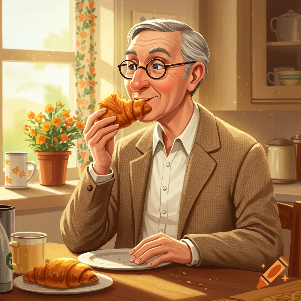 An older man with glasses eating a croissant in a sunlit kitchen, illustration style.