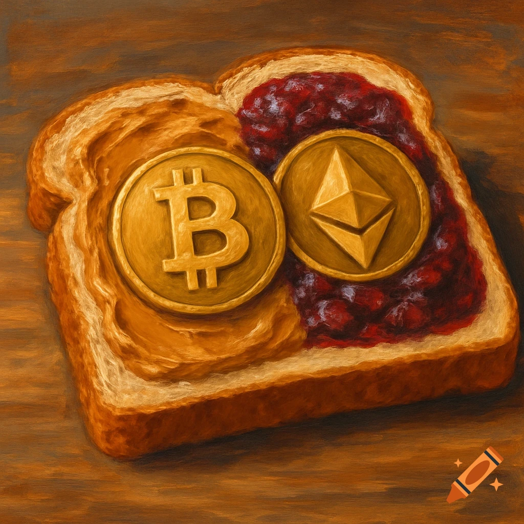 A slice of toast with peanut butter and jelly, featuring a Bitcoin coin and  an Ethereum coin in a painterly style. on Craiyon