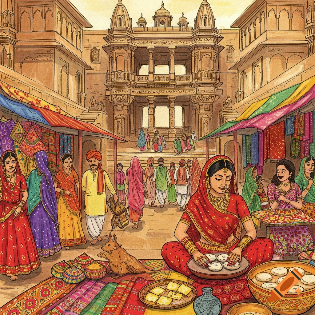 Watercolor illustration of a busy market scene in India with people selling goods and a large building in the background.