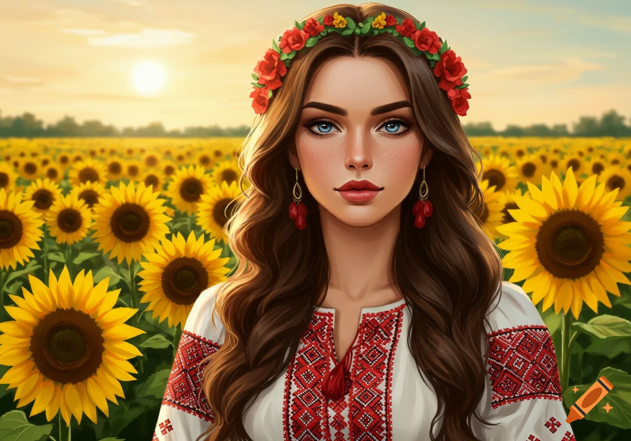 A woman in traditional Ukrainian attire with a floral wreath in a field of sunflowers at sunset.