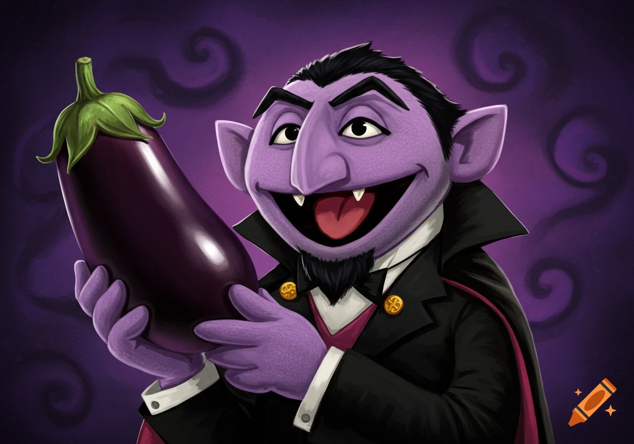 A purple cartoon character resembling Count von Count holds a large ...