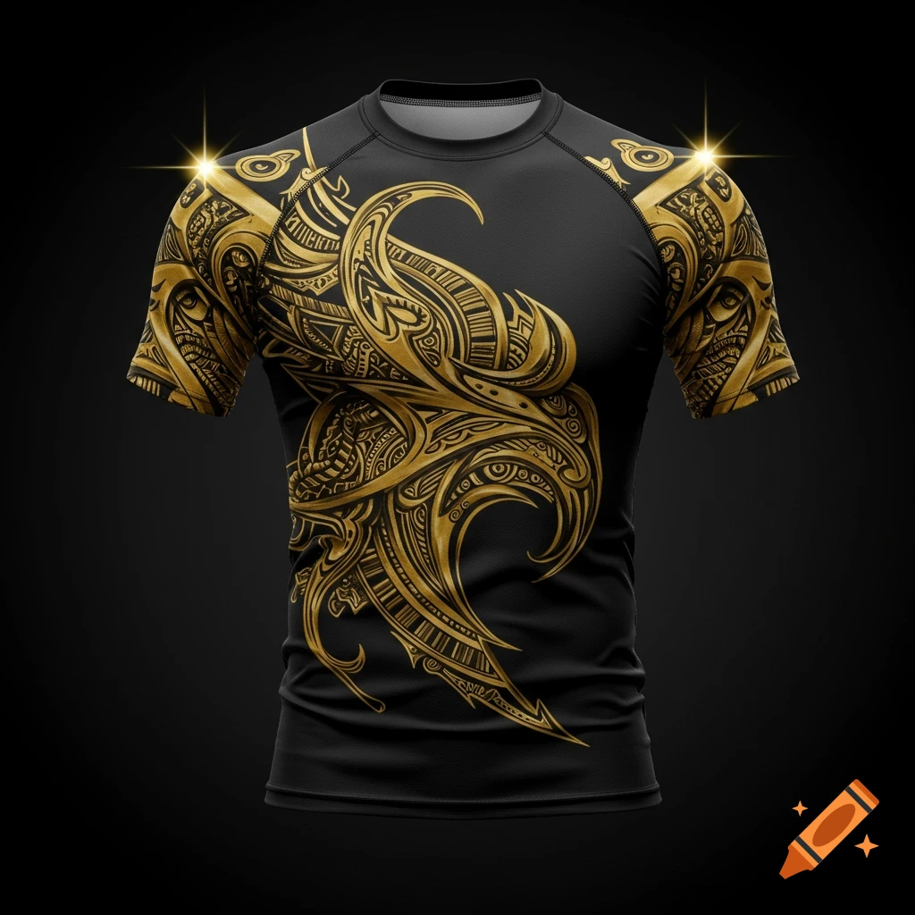 Black rash guard with ornate gold tribal design.