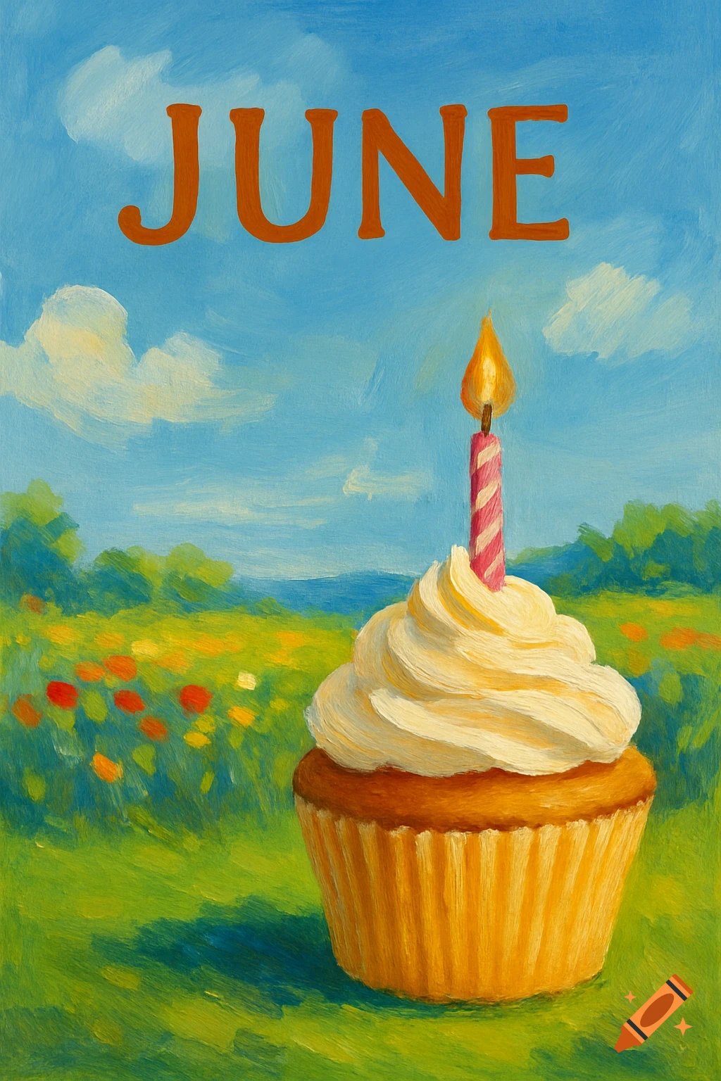 A painterly illustration of a cupcake with a lit candle in a field, with the word 'JUNE' above.