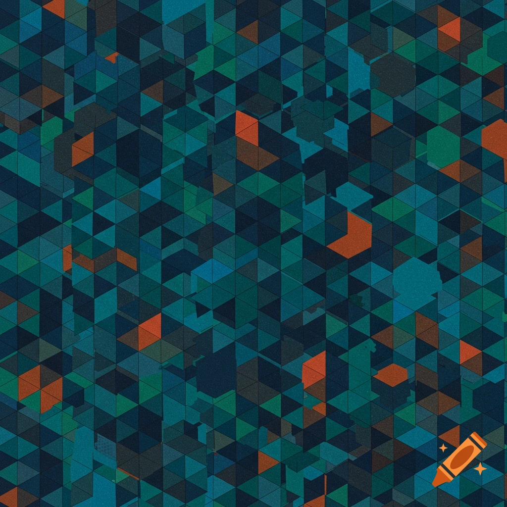 Geometric pattern of tessellating triangles and rhombi in teal, blue, green, and orange.
