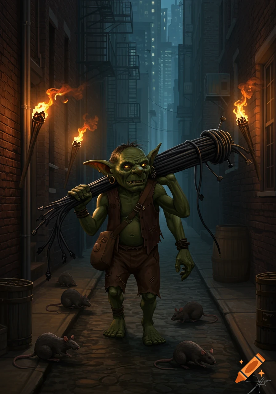 A green goblin carries wires through a dark, torchlit alley with rats.